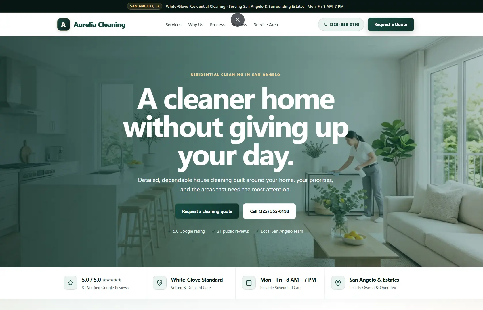 Aurelia Cleaning service website homepage