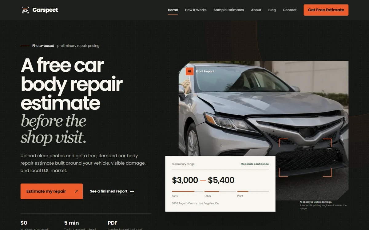 Carspect car body repair estimate calculator homepage