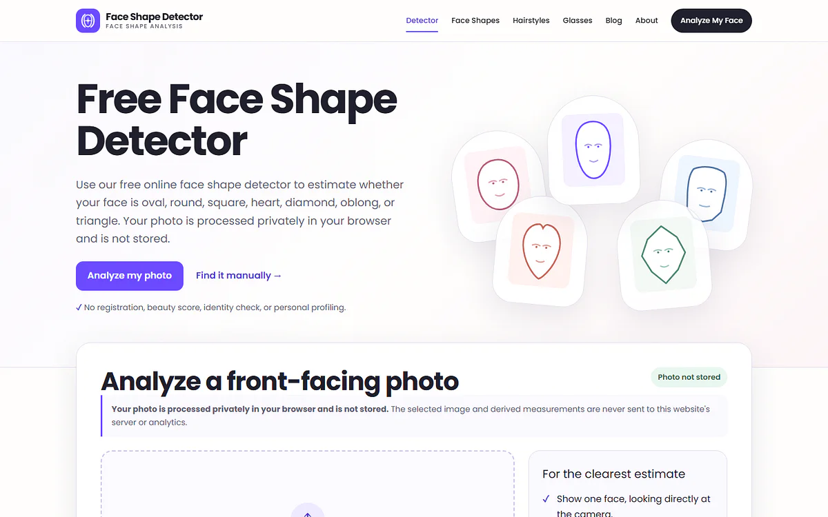 Free Face Shape Detector website and photo analysis interface