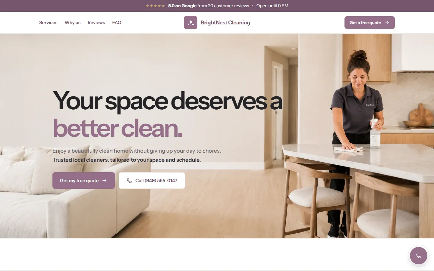 BrightNest Cleaning website homepage